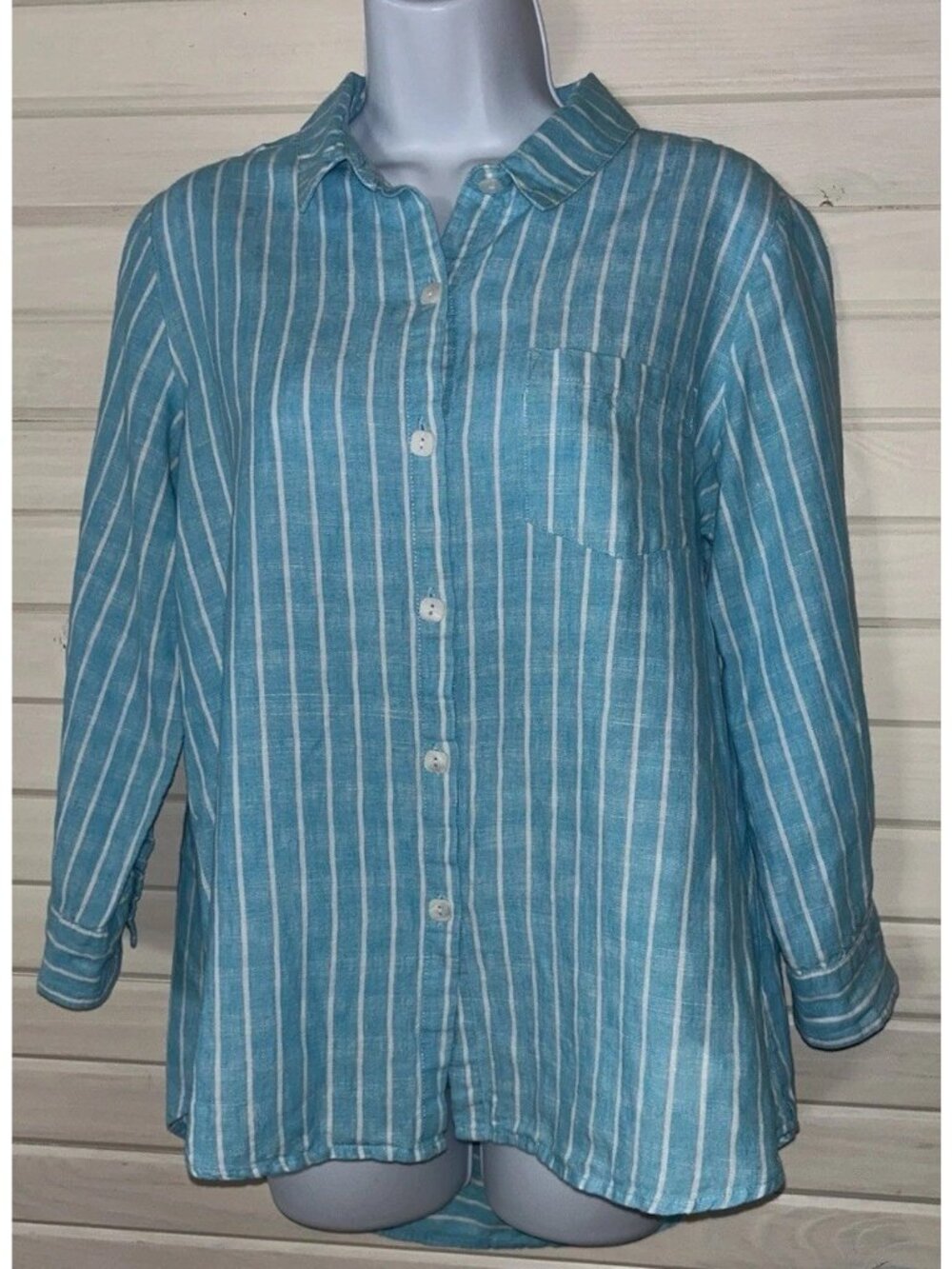 Habitat Sz SMALL Linen Cotton Tunic Top Aqua Blue White Stripe Lagenlook EUC